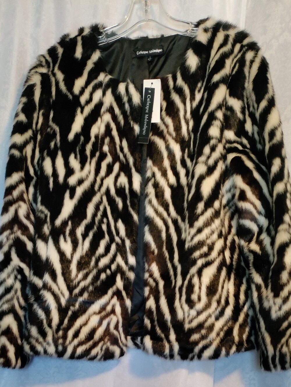 Catherine Malandrino Black & Cream Faux Fur Zebra Print Jacket Size L